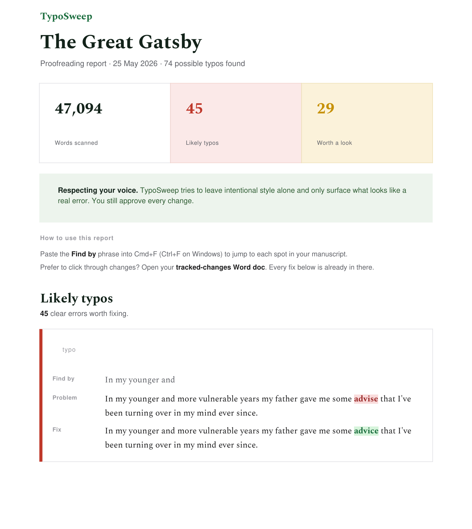 TypoSweep typo report listing flagged sentences with the problem and suggested fix